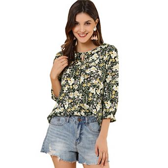 Women's Floral Tops Bow Tie Neck Vintage 3/4 Sleeve Blouse