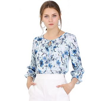 Women's Floral Tops Bow Tie Neck Vintage 3/4 Sleeve Blouse