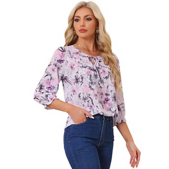 Women's Floral Tops Bow Tie Neck Vintage 3/4 Sleeve Blouse