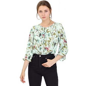 Women's Floral Tops Bow Tie Neck Vintage 3/4 Sleeve Blouse