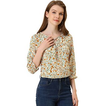 Women's Floral Tops Bow Tie Neck Vintage 3/4 Sleeve Blouse