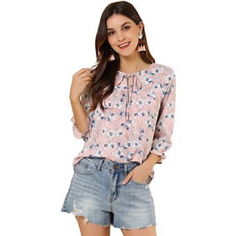 Women's Floral Tops Bow Tie Neck Vintage 3/4 Sleeve Blouse