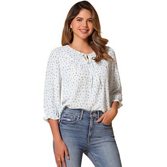 Women's Floral Tops Bow Tie Neck Vintage 3/4 Sleeve Blouse