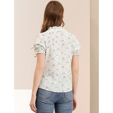 Women's Ruffle Tie V Neck Casual Smocked Short Sleeve Floral Top Blouse