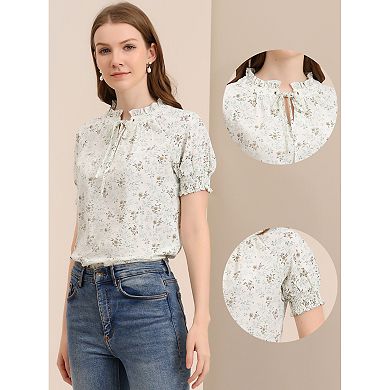 Women's Ruffle Tie V Neck Casual Smocked Short Sleeve Floral Top Blouse