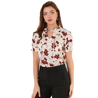 Women's Ruffle Tie V Neck Casual Smocked Short Sleeve Floral Top Blouse
