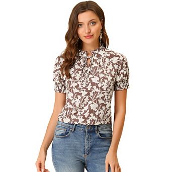 Women's Ruffle Tie V Neck Casual Smocked Short Sleeve Floral Top Blouse