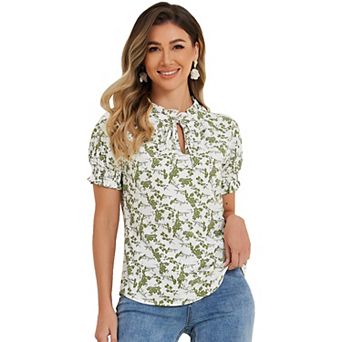 Women's Ruffle Tie V Neck Casual Smocked Short Sleeve Floral Top Blouse