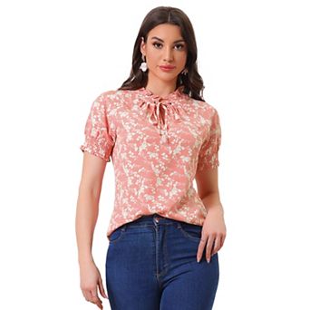 Women's Ruffle Tie V Neck Casual Smocked Short Sleeve Floral Top Blouse