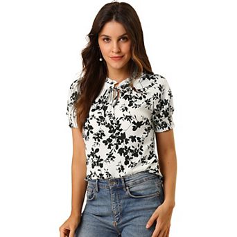 Women's Ruffle Tie V Neck Casual Smocked Short Sleeve Floral Top Blouse