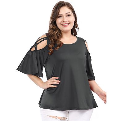 Women's Plus Size Summer Solid Cold Shoulder Ruffle Sleeve Blouse