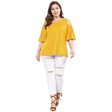 Women's Plus Size Summer Solid Cold Shoulder Ruffle Sleeve Blouse
