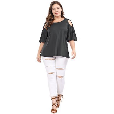 Women's Plus Size Summer Solid Cold Shoulder Ruffle Sleeve Blouse