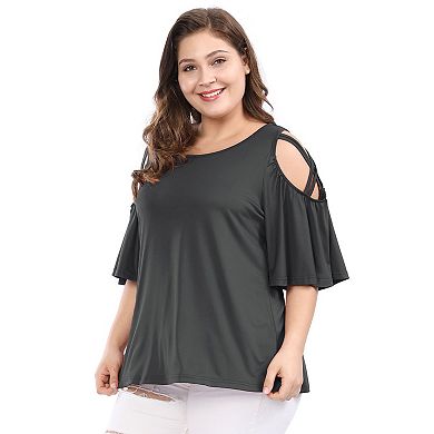 Women's Plus Size Summer Solid Cold Shoulder Ruffle Sleeve Blouse