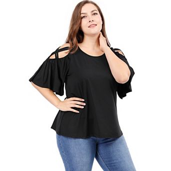 Women's Plus Size Summer Solid Cold Shoulder Ruffle Sleeve Blouse