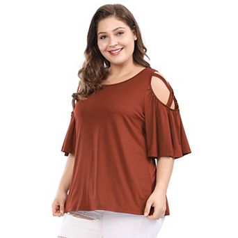 Women's Plus Size Summer Solid Cold Shoulder Ruffle Sleeve Blouse