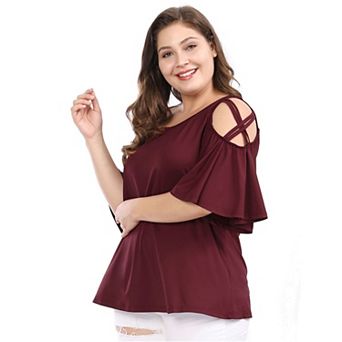 Women's Plus Size Summer Solid Cold Shoulder Ruffle Sleeve Blouse