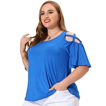 Women's Plus Size Summer Solid Cold Shoulder Ruffle Sleeve Blouse