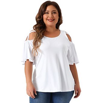 Women's Plus Size Summer Solid Cold Shoulder Ruffle Sleeve Blouse