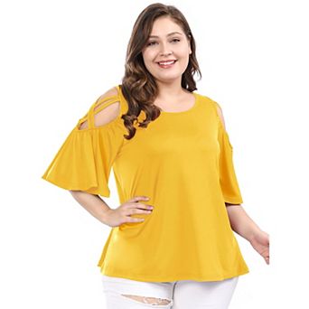 Women's Plus Size Summer Solid Cold Shoulder Ruffle Sleeve Blouse