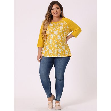 Women's Plus Size Fall 3/4 Sleeve Floral Raglan Sleeve Tops