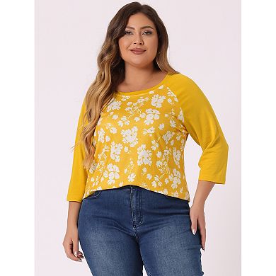 Women's Plus Size Fall 3/4 Sleeve Floral Raglan Sleeve Tops