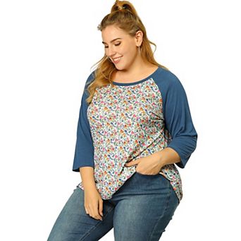 Women's Plus Size Floral Tops 3/4 Sleeve Raglan Sleeve Blouses