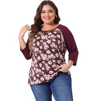 Women's Plus Size Floral Tops 3/4 Sleeve Raglan Sleeve Blouses