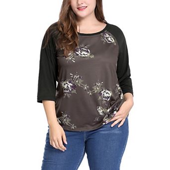 Women's Plus Size Floral Tops 3/4 Sleeve Raglan Sleeve Blouses