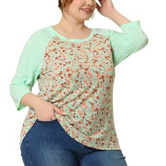 Women's Plus Size Floral Tops 3/4 Sleeve Raglan Sleeve Blouses