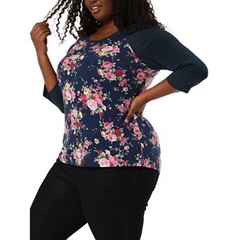 Women's Plus Size Floral Tops 3/4 Sleeve Raglan Sleeve Blouses