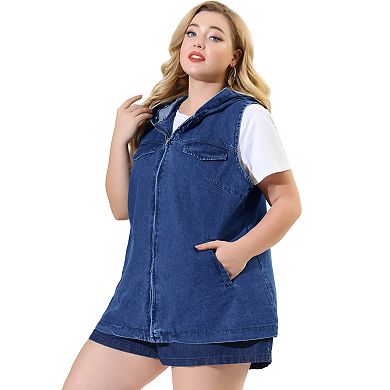 Women's Plus Size Fall Zipper Up Denim Sleeveless Hoodie Jacket