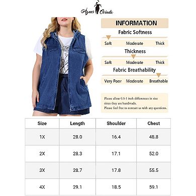 Women's Plus Size Fall Zipper Up Denim Sleeveless Hoodie Jacket