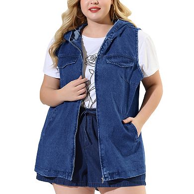 Women's Plus Size Fall Zipper Up Denim Sleeveless Hoodie Jacket