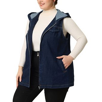 Women's Plus Size Fall Zipper Up Denim Sleeveless Hoodie Jacket