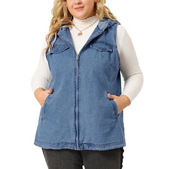 Women's Plus Size Fall Zipper Up Denim Sleeveless Hoodie Jacket
