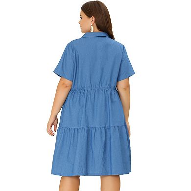 Women's Plus Size Denim Babydoll V Neck Knee Length Tiered Shirt Dresses