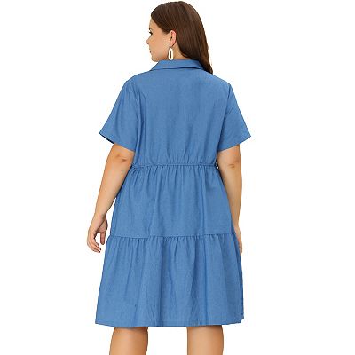 open lace back dress Full Size Button-Front Long Sleeve Denim Shirt Dress Plus Size