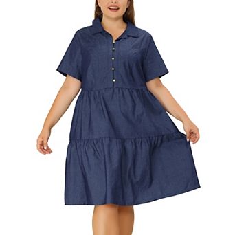 Women's Plus Size Denim Babydoll V Neck Knee Length Tiered Shirt Dresses