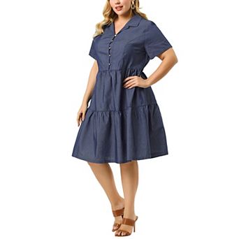 Women's Plus Size Denim Babydoll V Neck Knee Length Tiered Shirt Dresses