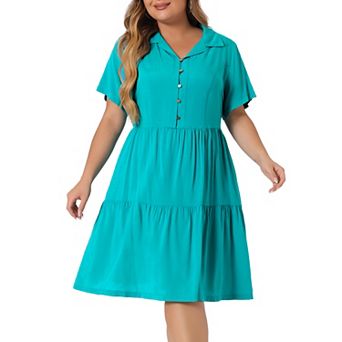 Women's Plus Size Denim Babydoll V Neck Knee Length Tiered Shirt Dresses