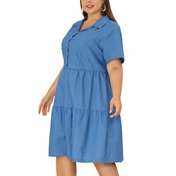 Women's Plus Size Denim Babydoll V Neck Knee Length Tiered Shirt Dresses