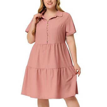 Women's Plus Size Denim Babydoll V Neck Knee Length Tiered Shirt Dresses