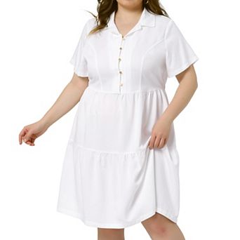 Women's Plus Size Denim Babydoll V Neck Knee Length Tiered Shirt Dresses