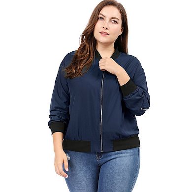 Women's Plus Size Contrast Trim Zipper Hip Length Bomber Jacket