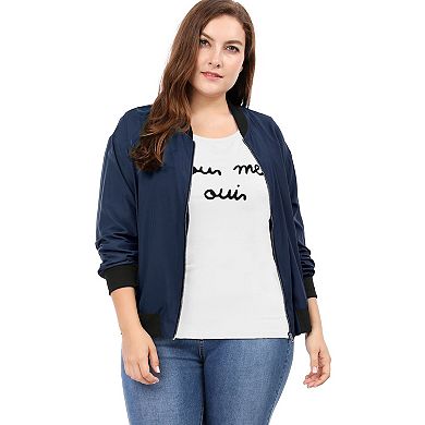 Women's Plus Size Contrast Trim Zipper Hip Length Bomber Jacket