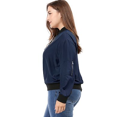 Women's Plus Size Contrast Trim Zipper Hip Length Bomber Jacket