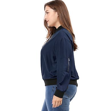 Women's Plus Size Contrast Trim Zipper Hip Length Bomber Jacket