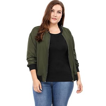 Women's Plus Size Contrast Trim Zipper Hip Length Bomber Jacket