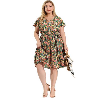 Women's Plus Size V Neck Elastic Waist Ruffle Summer Floral Midi Dress